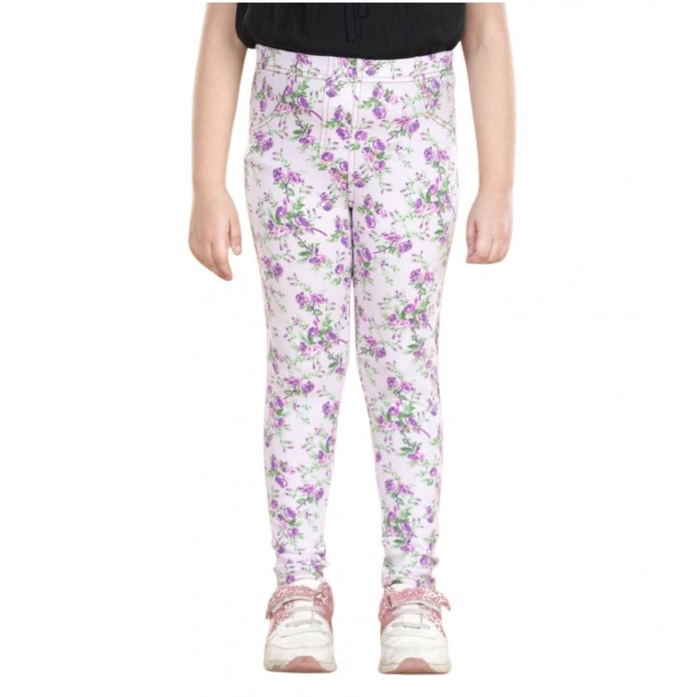Girl's Cotton Lycra Floral Elasticated Jeggings - Lavender
