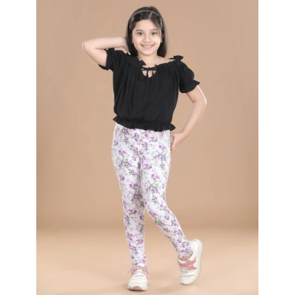 Girl's Cotton Lycra Floral Elasticated Jeggings - Lavender