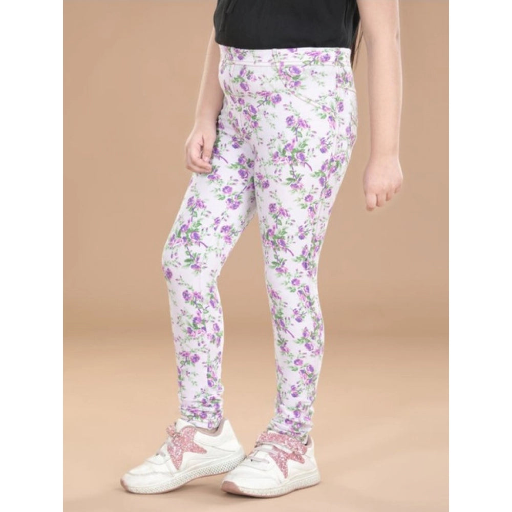 Girl's Cotton Lycra Floral Elasticated Jeggings - Lavender
