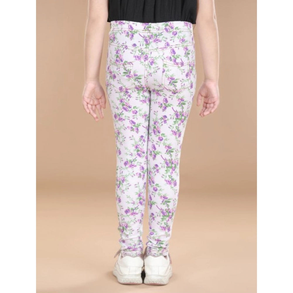 Girl's Cotton Lycra Floral Elasticated Jeggings - Lavender