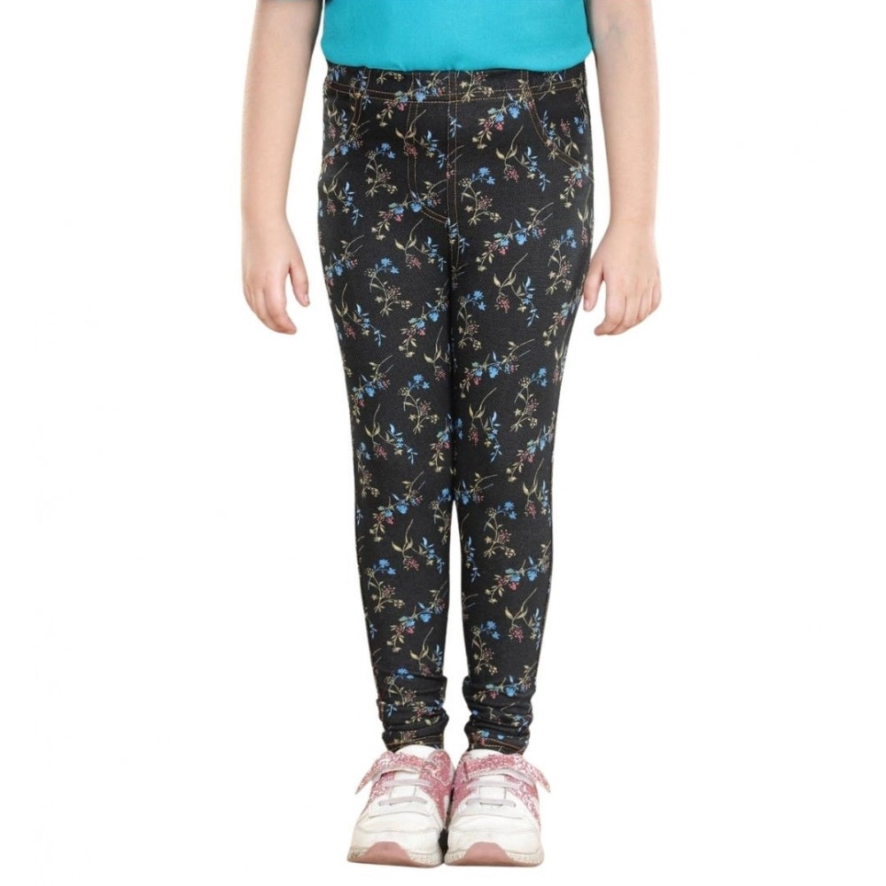 Girl's Cotton Lycra Floral Elasticated Jeggings - Multicolor