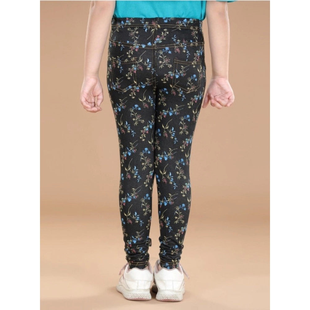 Girl's Cotton Lycra Floral Elasticated Jeggings - Multicolor