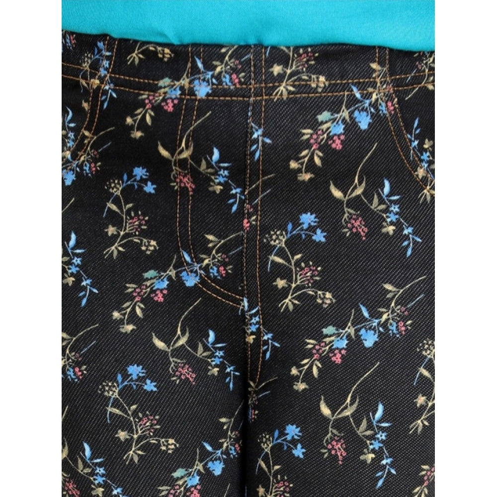 Girl's Cotton Lycra Floral Elasticated Jeggings - Multicolor