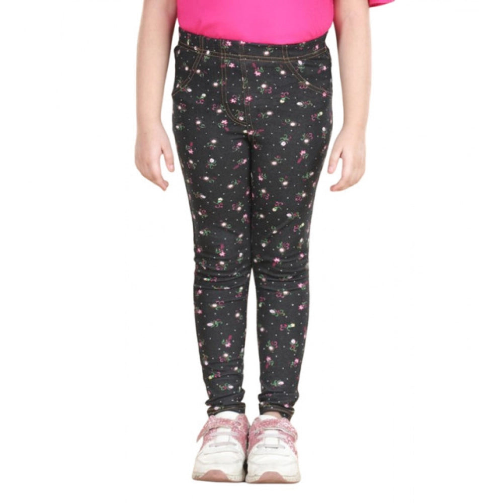 Girl's Cotton Lycra Floral Elasticated Jeggings - Multicolor