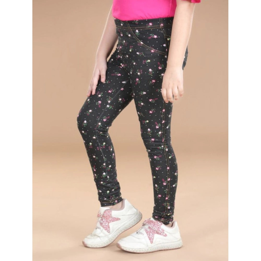 Girl's Cotton Lycra Floral Elasticated Jeggings - Multicolor