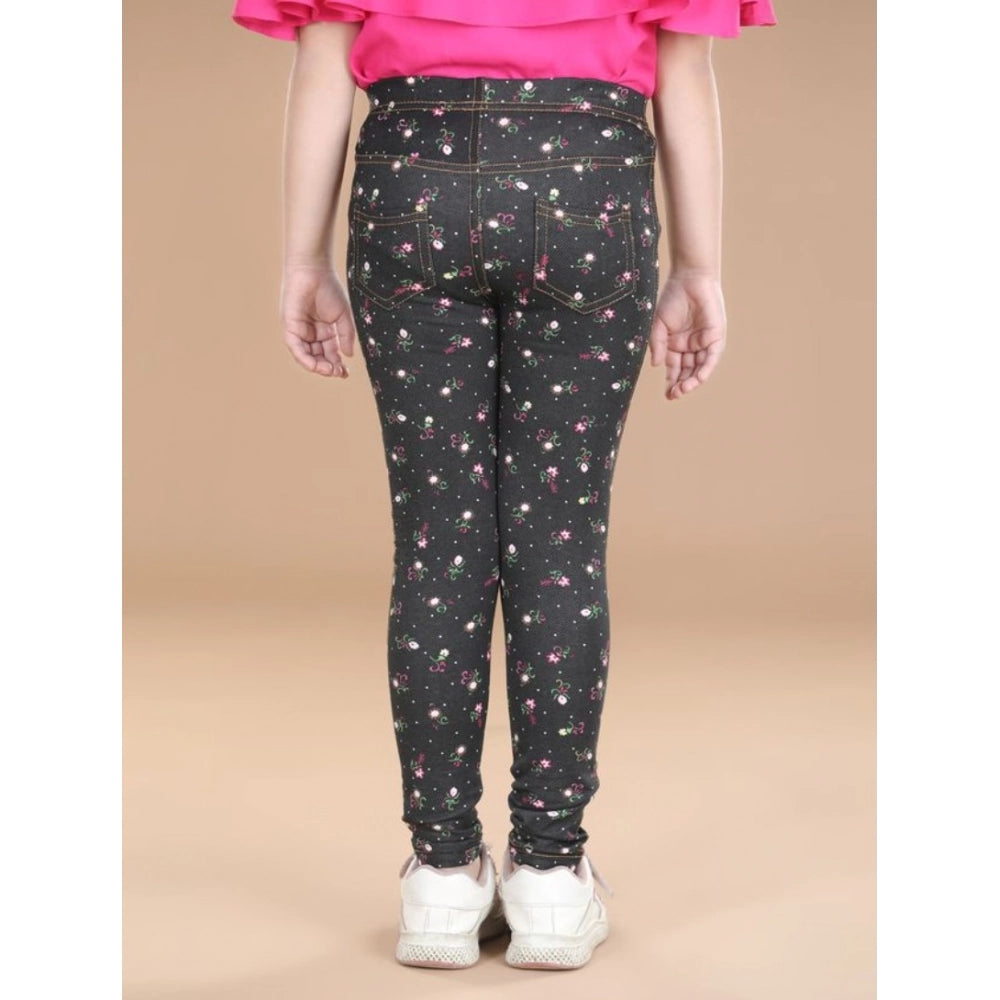 Girl's Cotton Lycra Floral Elasticated Jeggings - Multicolor