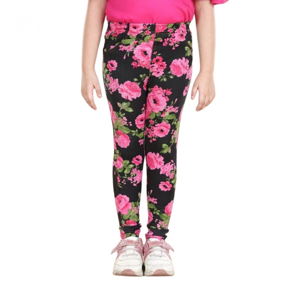 Girl's Cotton Lycra Floral Elasticated Jeggings - Black-Pink
