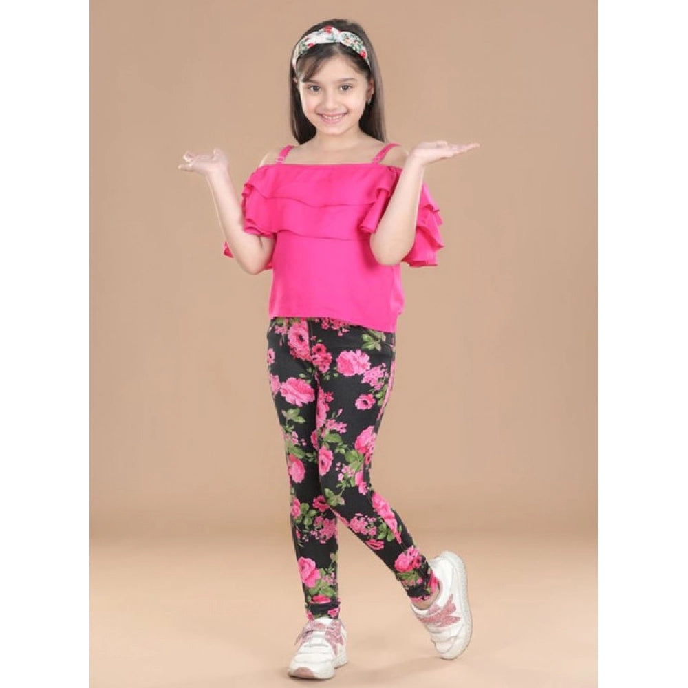 Girl's Cotton Lycra Floral Elasticated Jeggings - Black-Pink