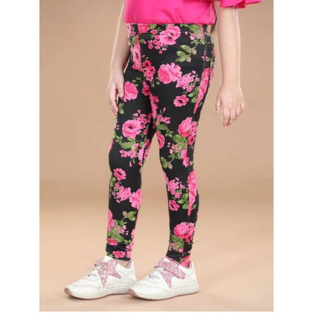 Girl's Cotton Lycra Floral Elasticated Jeggings - Black-Pink