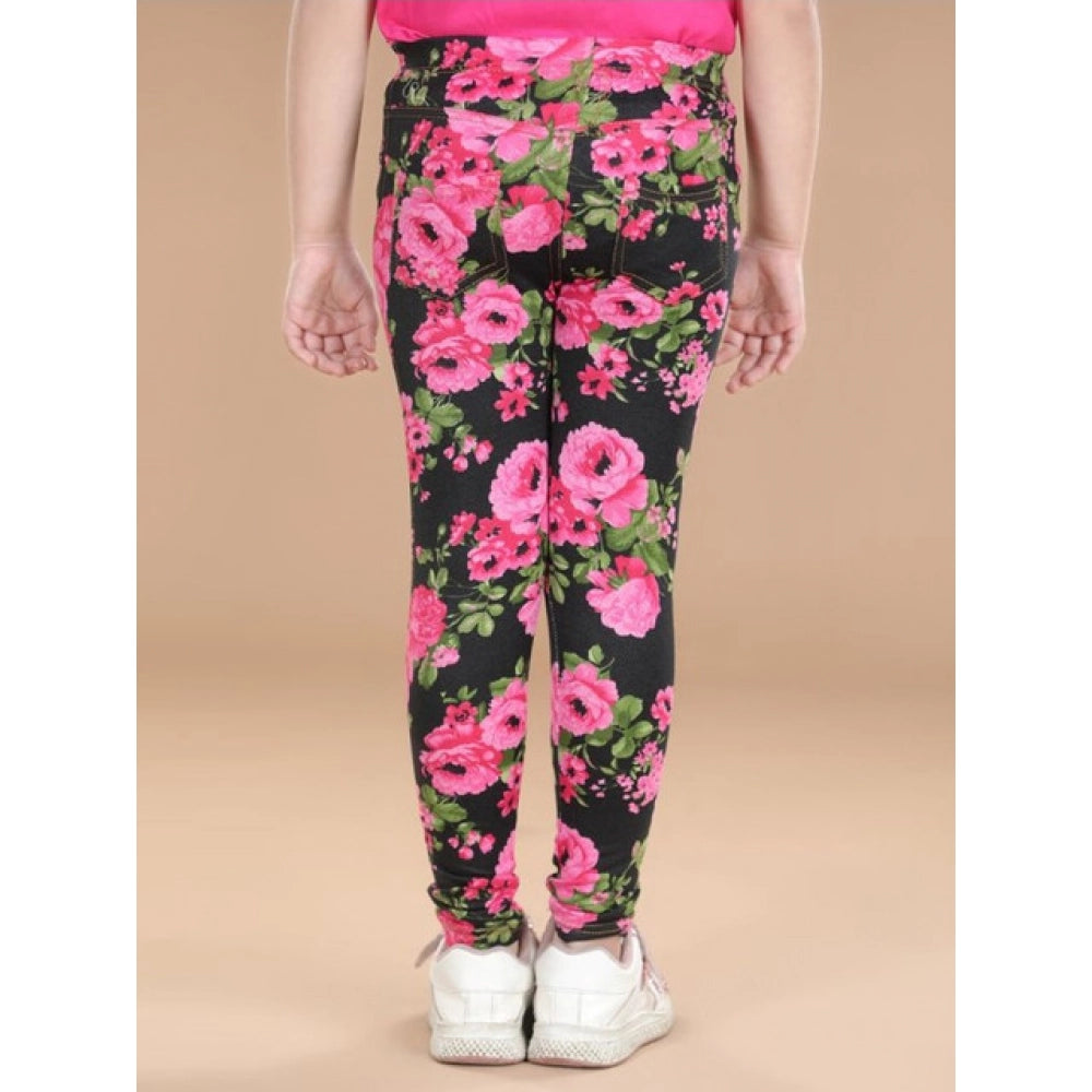 Girl's Cotton Lycra Floral Elasticated Jeggings - Black-Pink