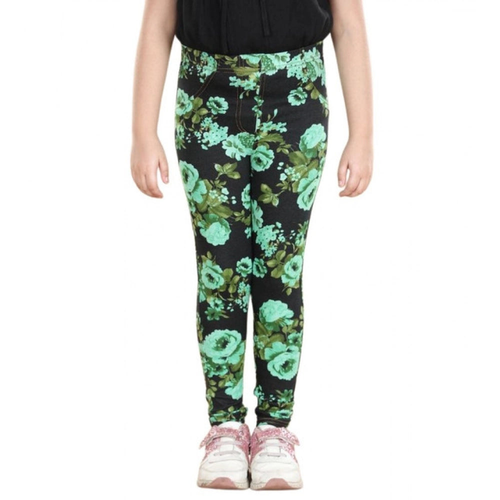 Girl's Cotton Lycra Floral Elasticated Jeggings - Black-Green