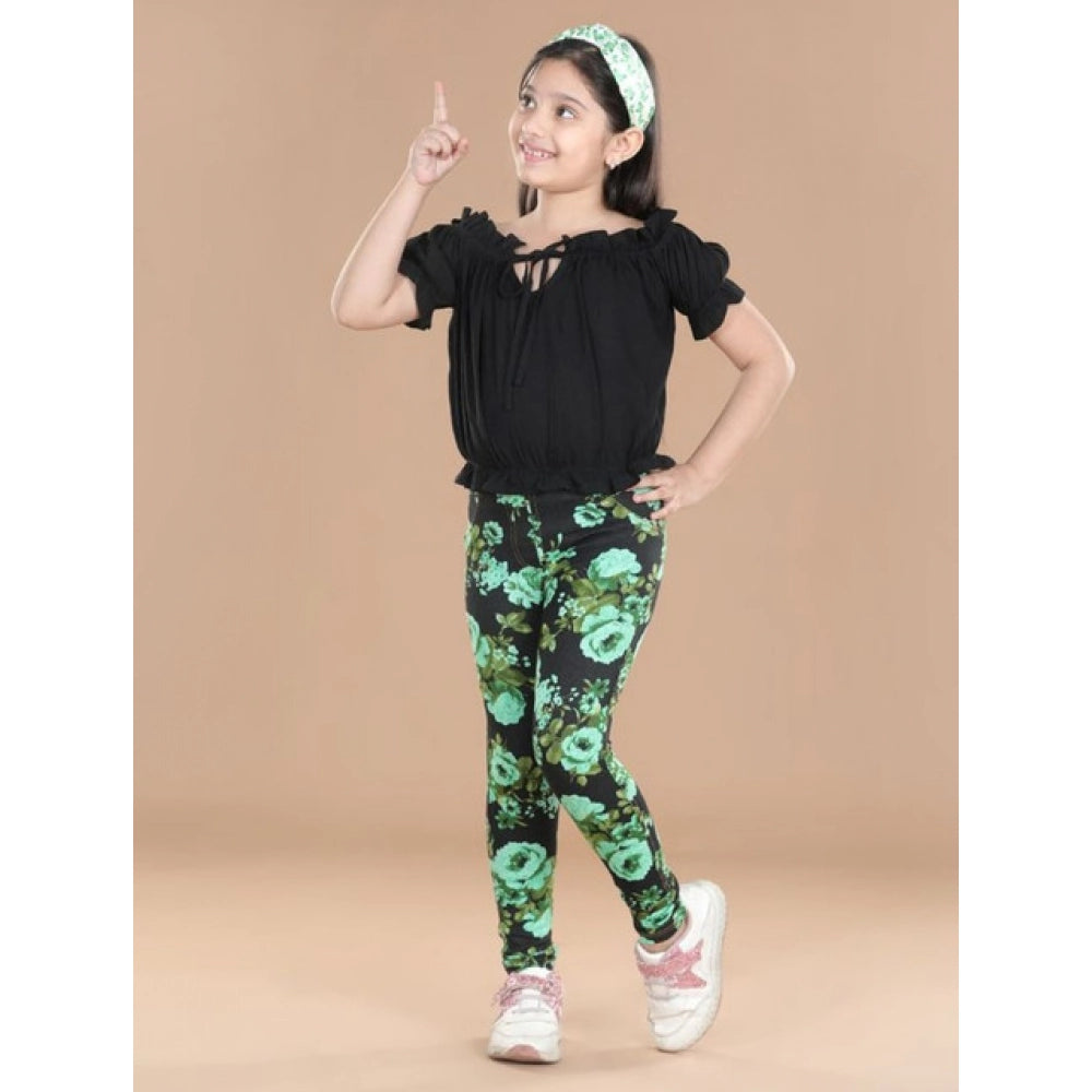 Girl's Cotton Lycra Floral Elasticated Jeggings - Black-Green