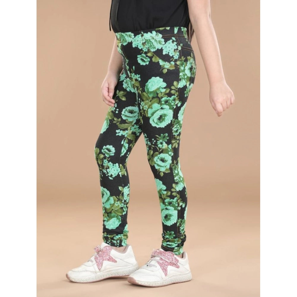 Girl's Cotton Lycra Floral Elasticated Jeggings - Black-Green