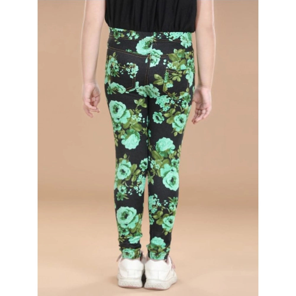 Girl's Cotton Lycra Floral Elasticated Jeggings - Black-Green