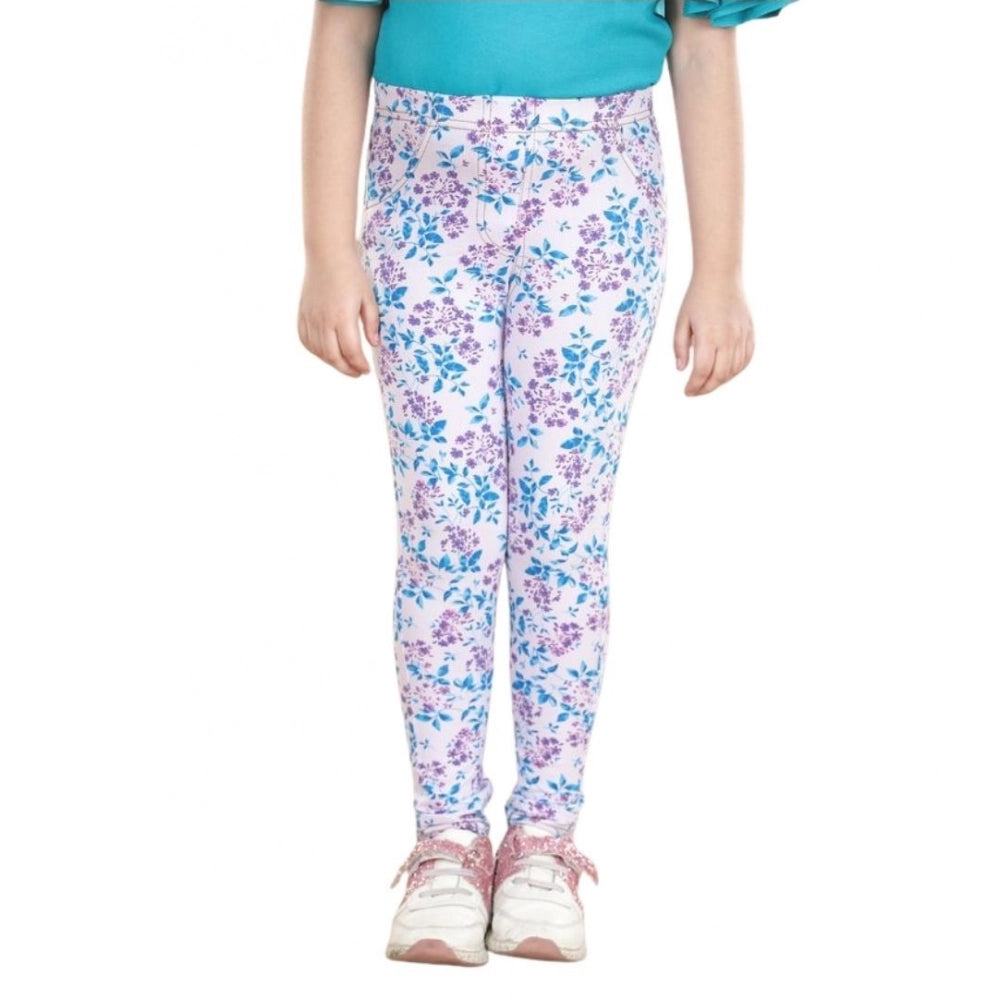 Girl's Cotton Lycra Floral Elasticated Jeggings - White-Turquoise Blue
