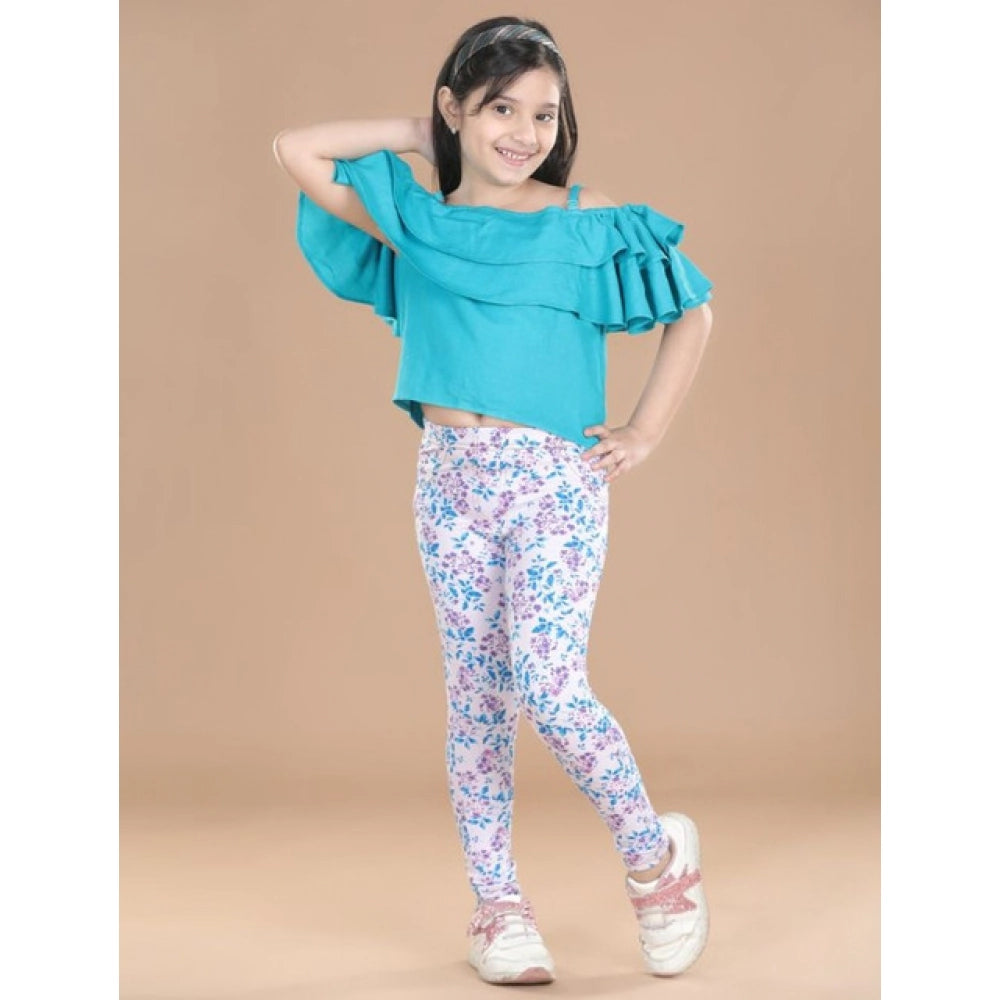 Girl's Cotton Lycra Floral Elasticated Jeggings - White-Turquoise Blue