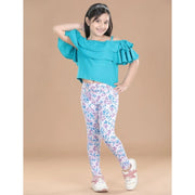 Girl's Cotton Lycra Floral Elasticated Jeggings - White-Turquoise Blue