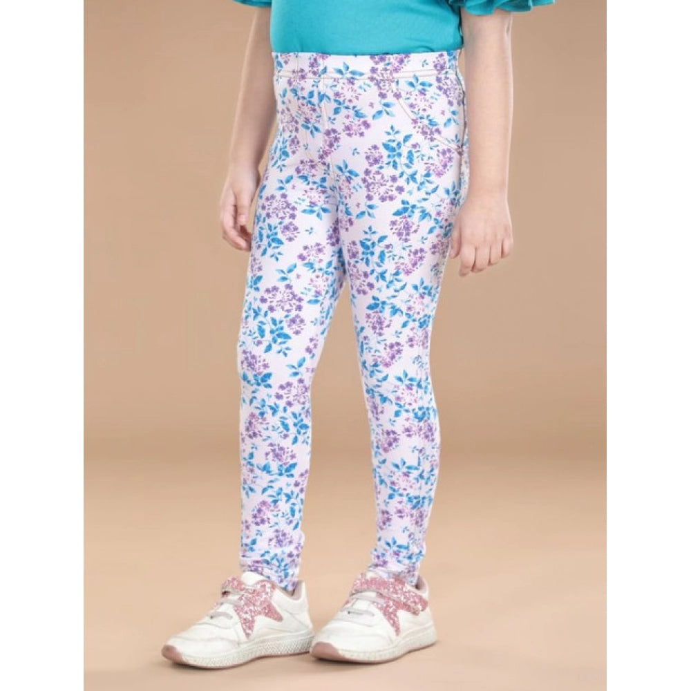 Girl's Cotton Lycra Floral Elasticated Jeggings - White-Turquoise Blue