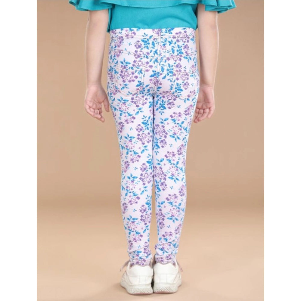 Girl's Cotton Lycra Floral Elasticated Jeggings - White-Turquoise Blue