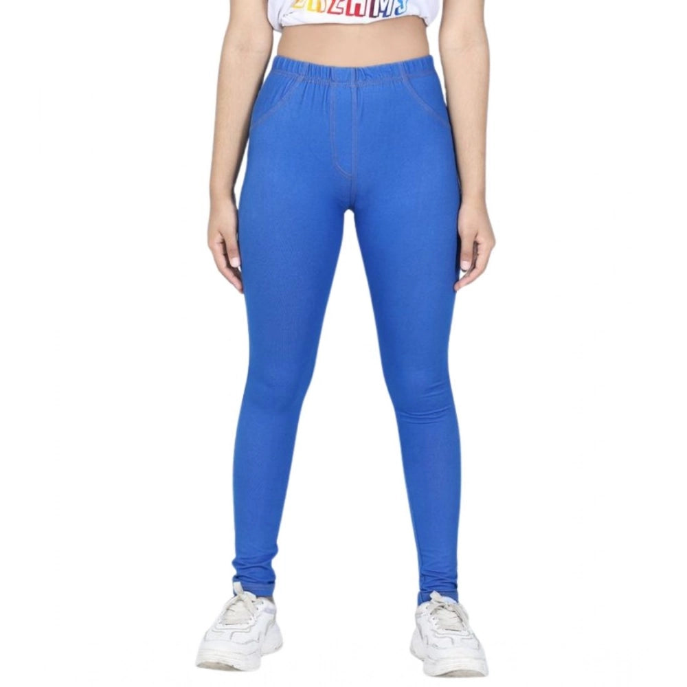 Girl's Cotton Lycra Solid Elasticated Jeggings - Blue