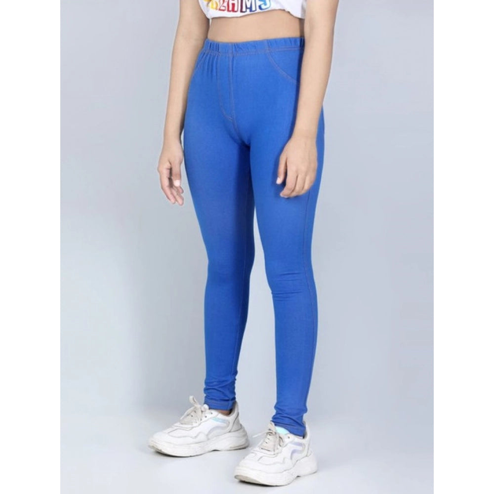 Girl's Cotton Lycra Solid Elasticated Jeggings - Blue