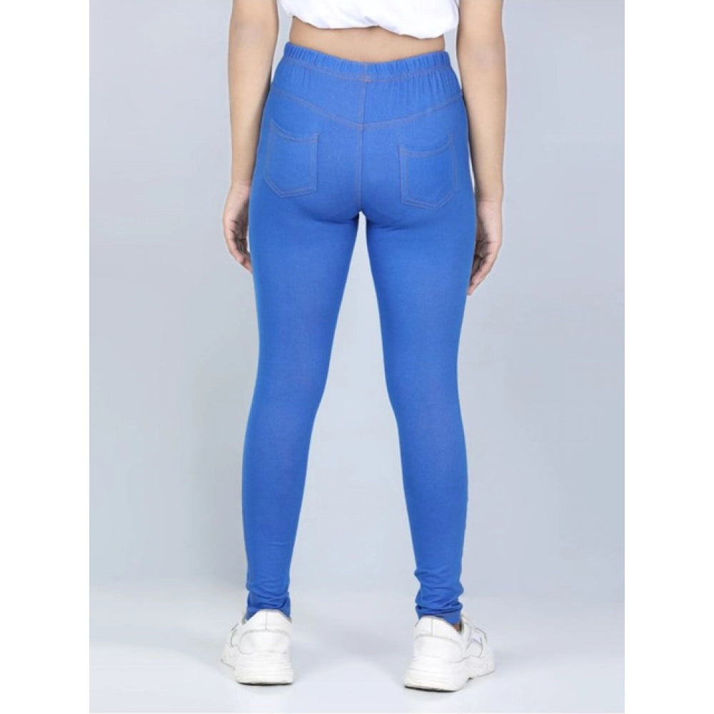 Girl's Cotton Lycra Solid Elasticated Jeggings - Blue