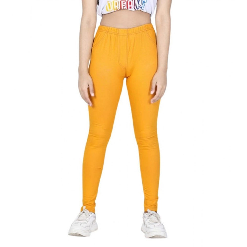 Girl's Cotton Lycra Solid Elasticated Jeggings - Mustard