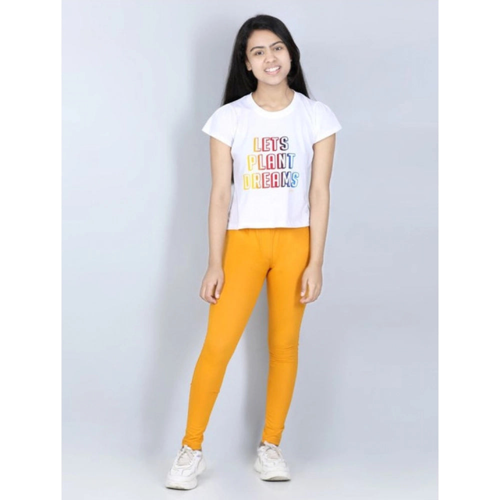 Girl's Cotton Lycra Solid Elasticated Jeggings - Mustard