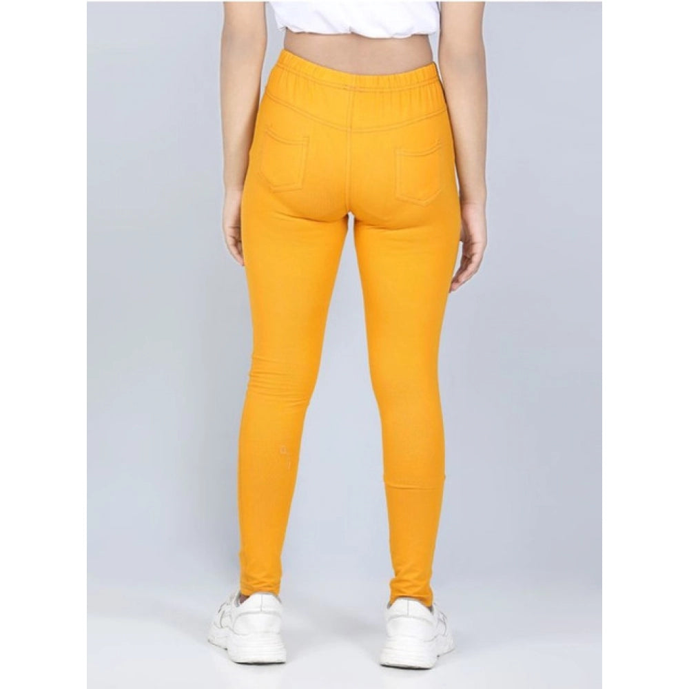Girl's Cotton Lycra Solid Elasticated Jeggings - Mustard