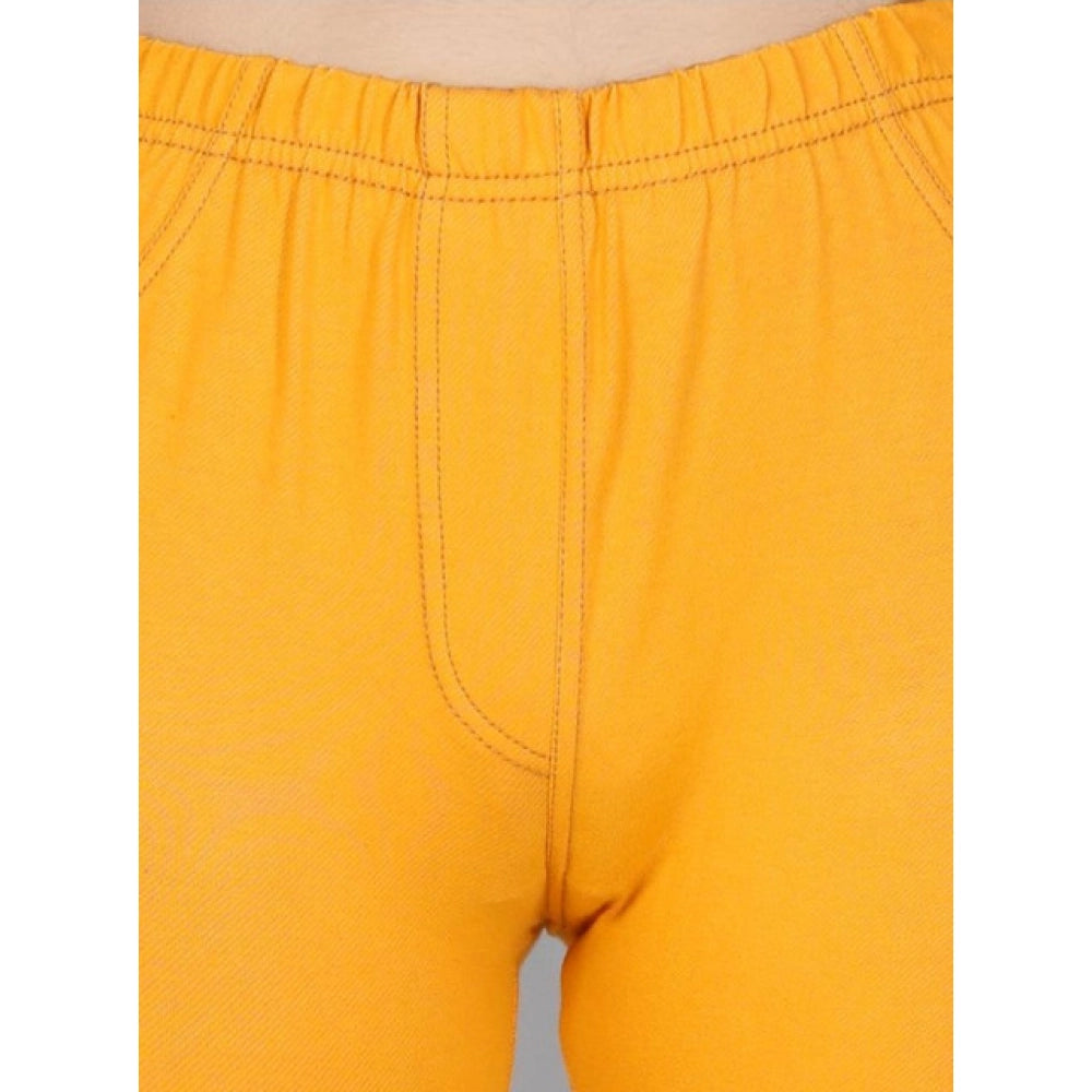 Girl's Cotton Lycra Solid Elasticated Jeggings - Mustard