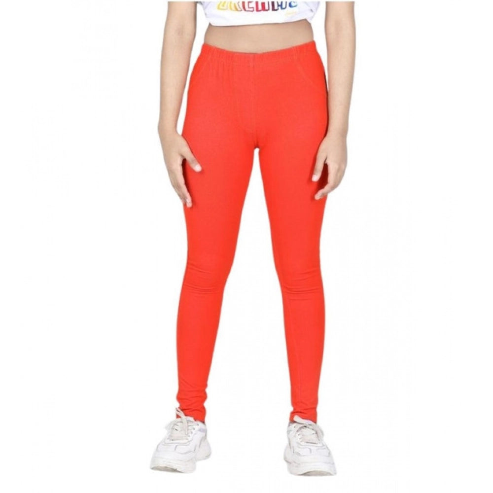 Girl's Cotton Lycra Solid Elasticated Jeggings - Orange