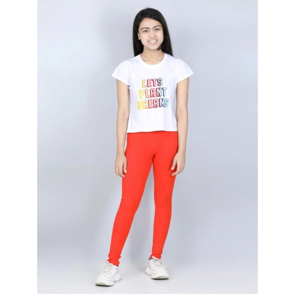 Girl's Cotton Lycra Solid Elasticated Jeggings - Orange