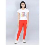 Girl's Cotton Lycra Solid Elasticated Jeggings - Orange