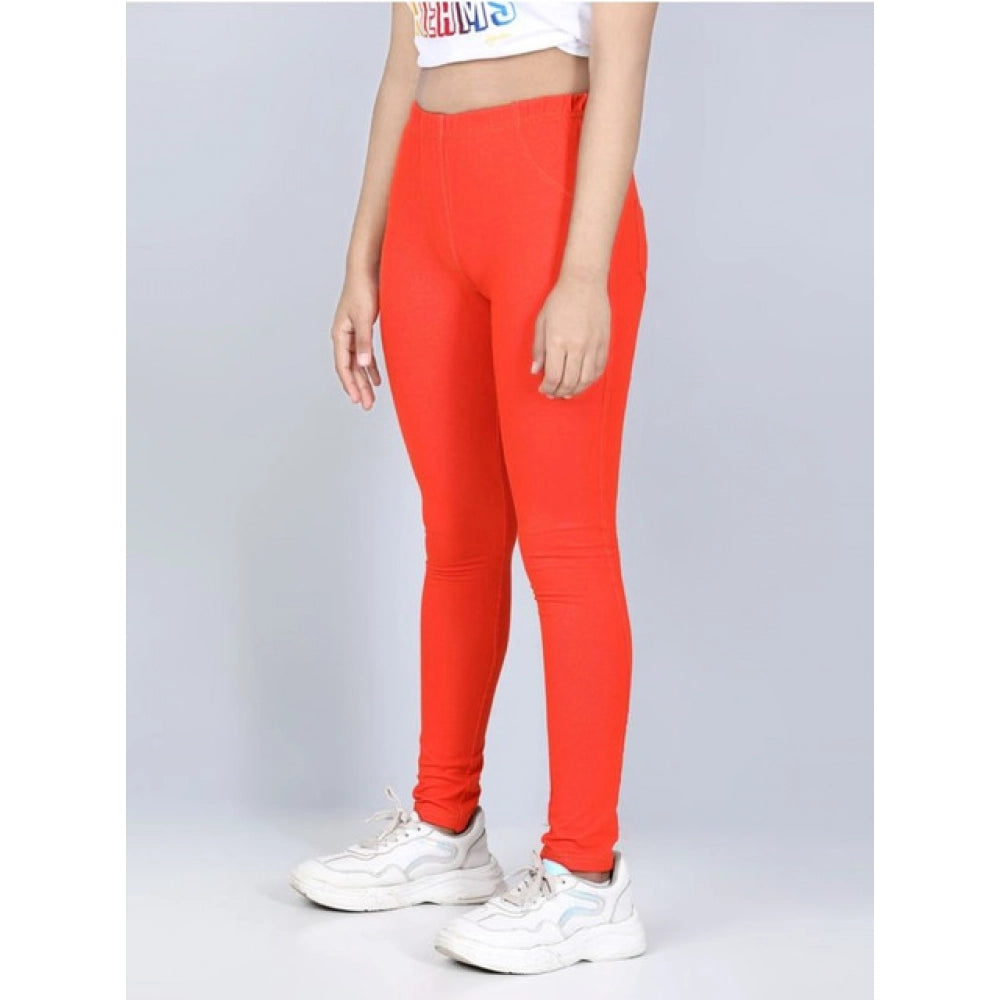 Girl's Cotton Lycra Solid Elasticated Jeggings - Orange
