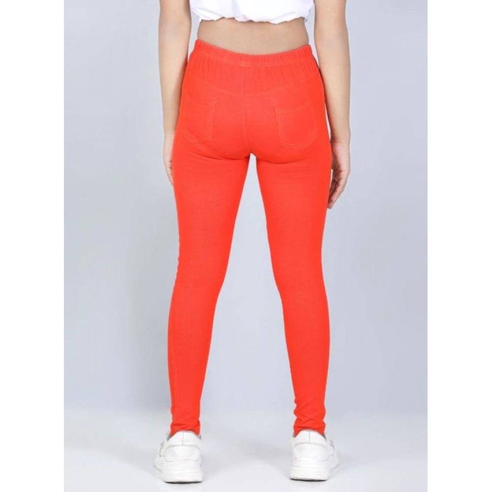 Girl's Cotton Lycra Solid Elasticated Jeggings - Orange