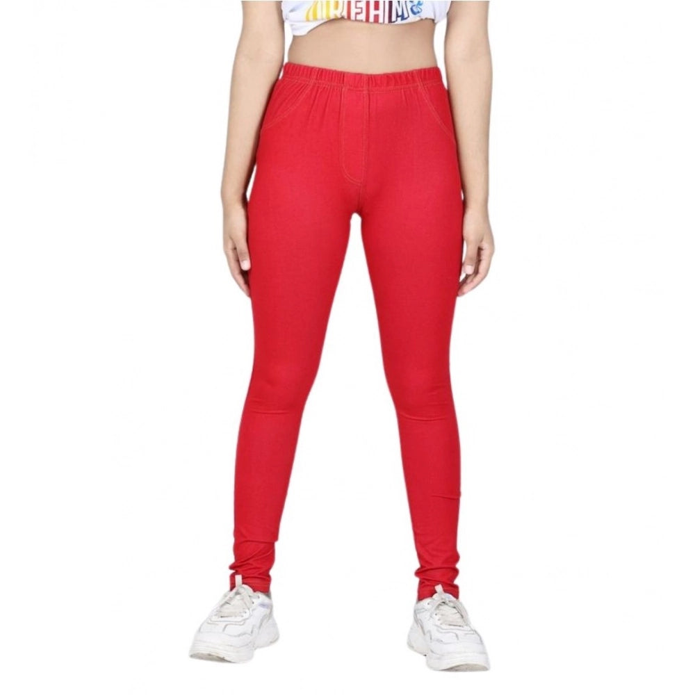 Girl's Cotton Lycra Solid Elasticated Jeggings - Red
