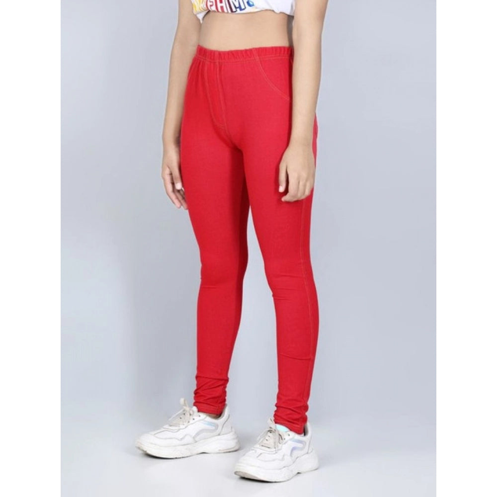 Girl's Cotton Lycra Solid Elasticated Jeggings - Red