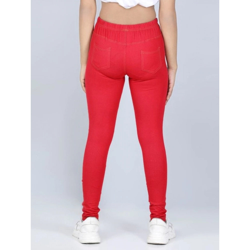 Girl's Cotton Lycra Solid Elasticated Jeggings - Red