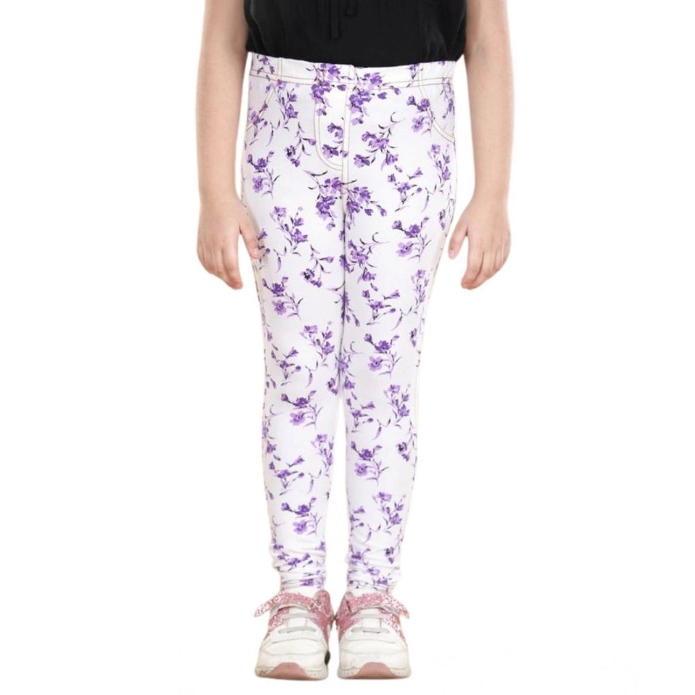 Girl's Cotton Lycra Floral Elasticated Jeggings - White-Lavender