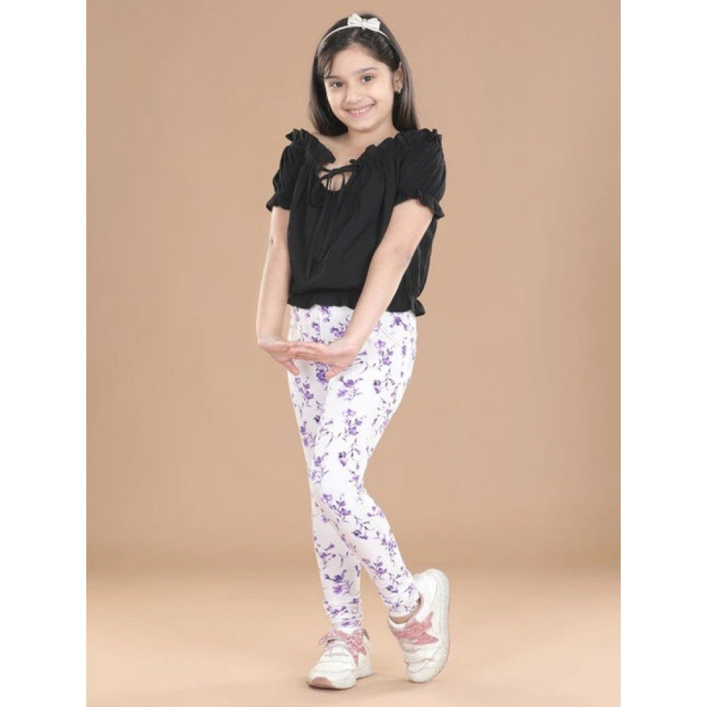 Girl's Cotton Lycra Floral Elasticated Jeggings - White-Lavender