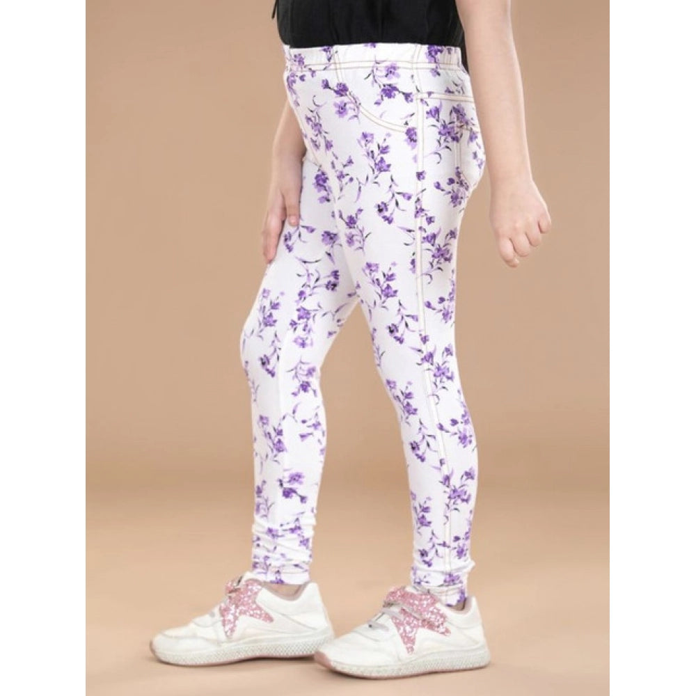 Girl's Cotton Lycra Floral Elasticated Jeggings - White-Lavender