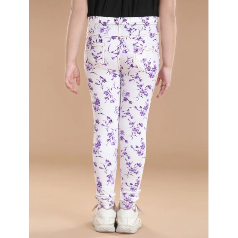 Girl's Cotton Lycra Floral Elasticated Jeggings - White-Lavender