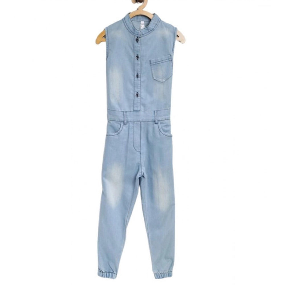 Girl's Denim Embellished Sleeveless Jumpsuit - Blue