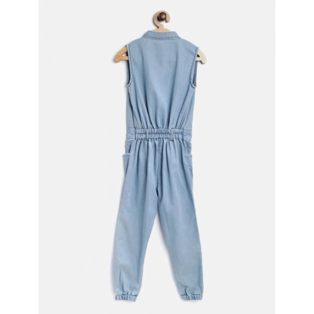 Girl's Denim Embellished Sleeveless Jumpsuit - Blue