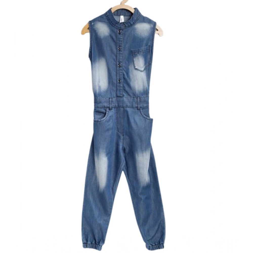 Girl's Denim Embellished Sleeveless Jumpsuit - Blue