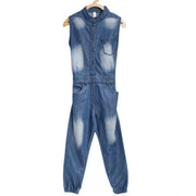 Girl's Denim Embellished Sleeveless Jumpsuit - Blue