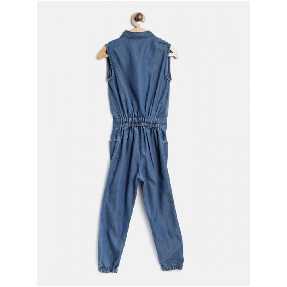 Girl's Denim Embellished Sleeveless Jumpsuit - Blue