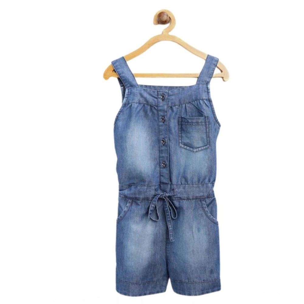 Girl's Denim Embroidered Sleeveless Jumpsuit - Blue