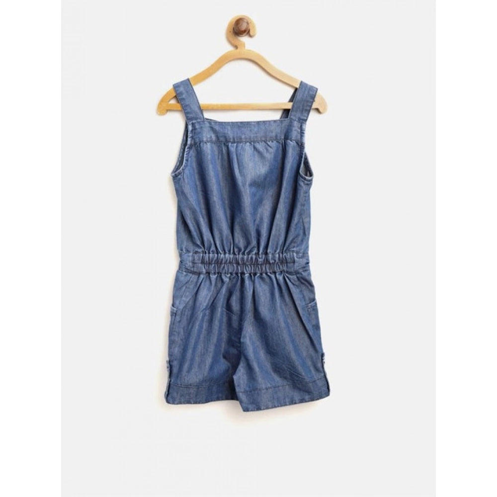 Girl's Denim Embroidered Sleeveless Jumpsuit - Blue