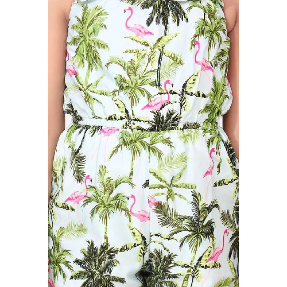 Girl's Denim Embroidered Sleeveless Jumpsuit - White-Green